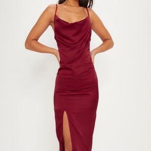 Burgundy Strappy Satin Cowl Midi Dress